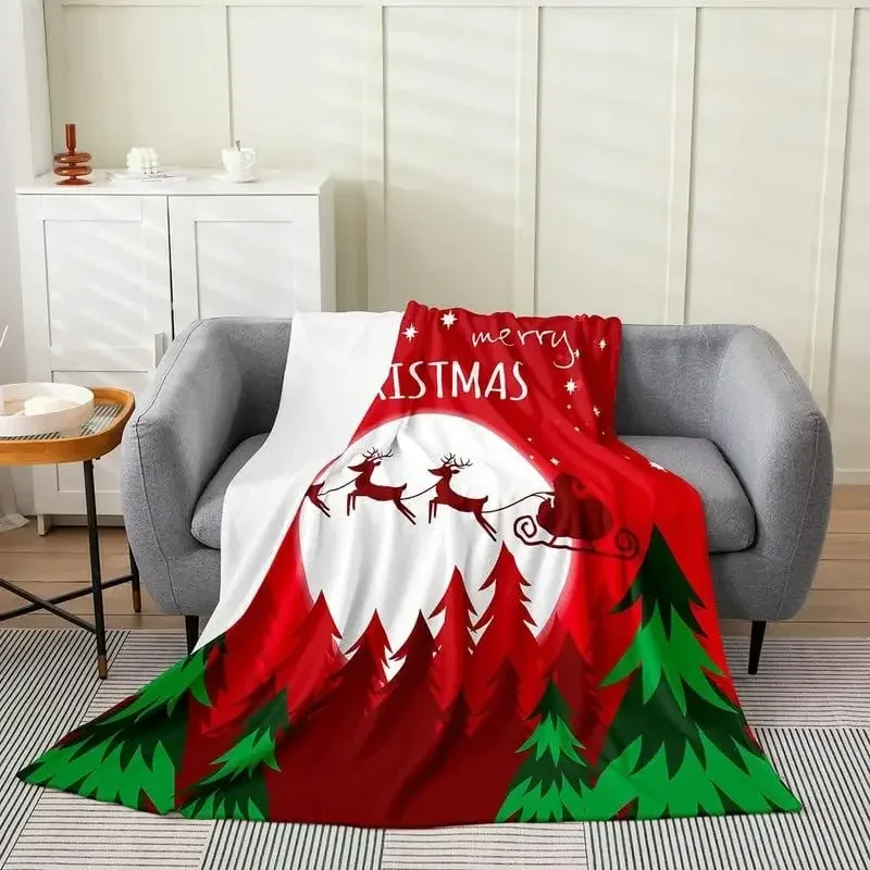 Christmas Flannel Fleece Blanket Santa Claus Print Plush Throw Blanket Moose Pattern All Season Bed Blanket Merry