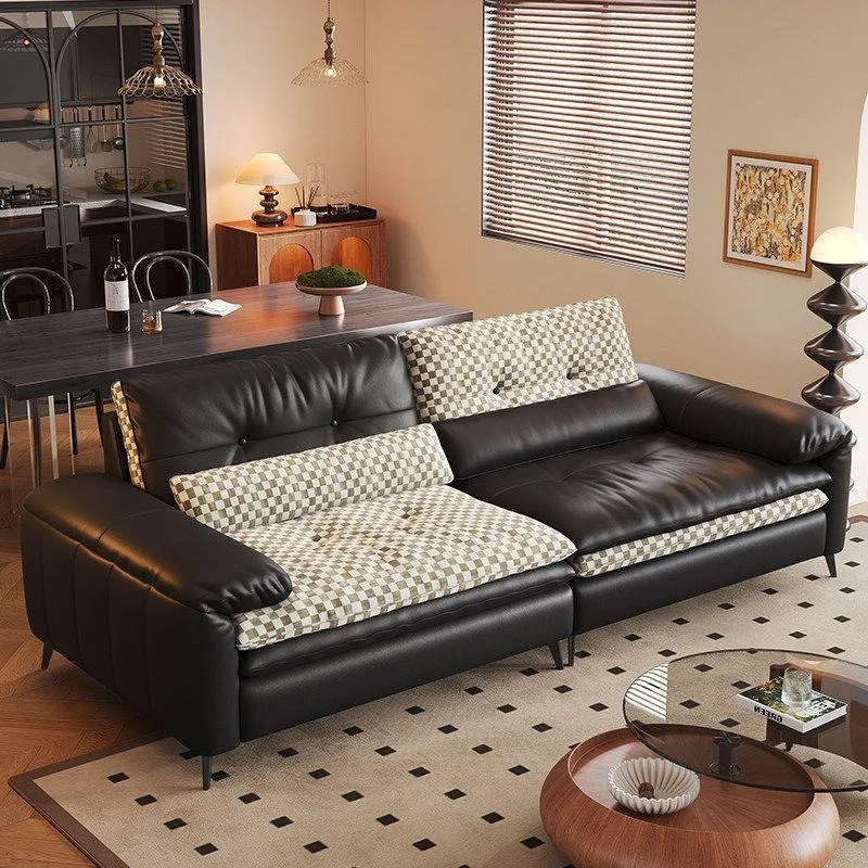 French antique leather burger sofa, straight-lined two-sided leather cloth resting on the bag leather sofa