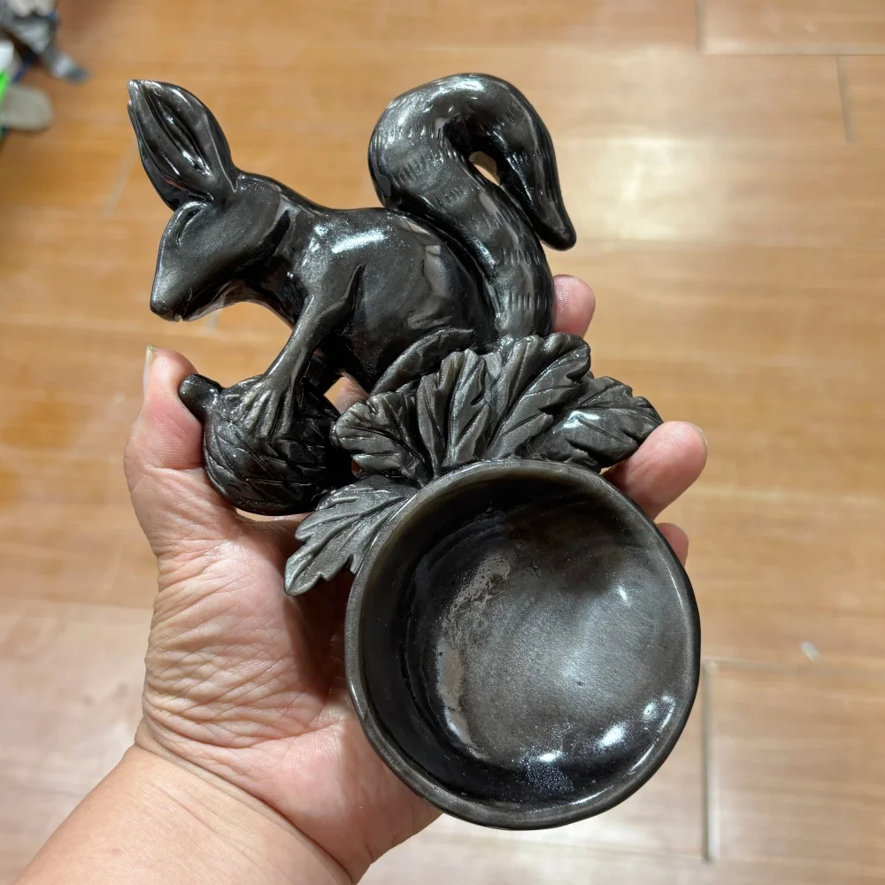 Natural Silver Sheen Obsidian Squirrel Bowl Hand‑Carved Crystal Squirrel Statue Gemstone Storage Dish Home Decor Healing Craft