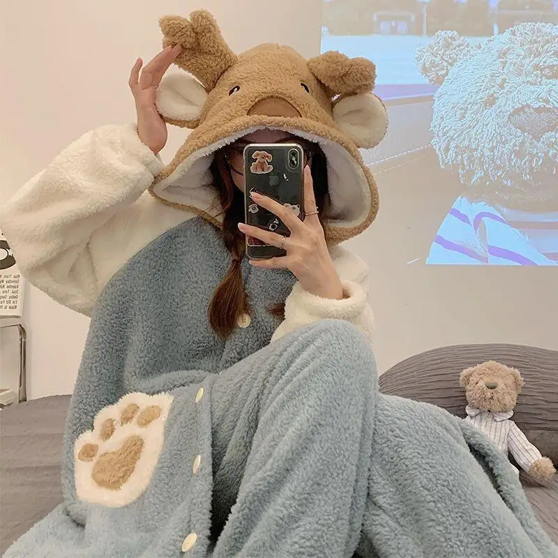 

Women's pajamas Comfortable Sleepwear Cotton Pajama Set winter autumn Thick Cute Deer Robe Coral Fleece Flannel Warm Home Suit