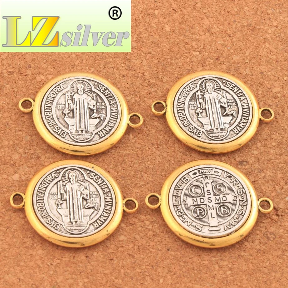 3Pcs Zinc Alloy Saint St Benedict Medal Cross Spacer 38.4x29.8mm End Connector Fit Necklace Jewelry DIY L1701