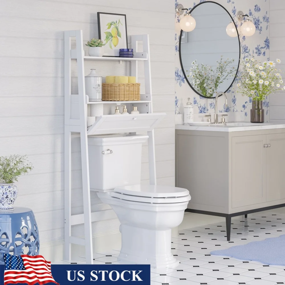 

Over The Toilet Bathroom Spacesaver Storage Shelf Wall-Mounted with Drop Down Door Toiletries Towel Display Organizing and Space
