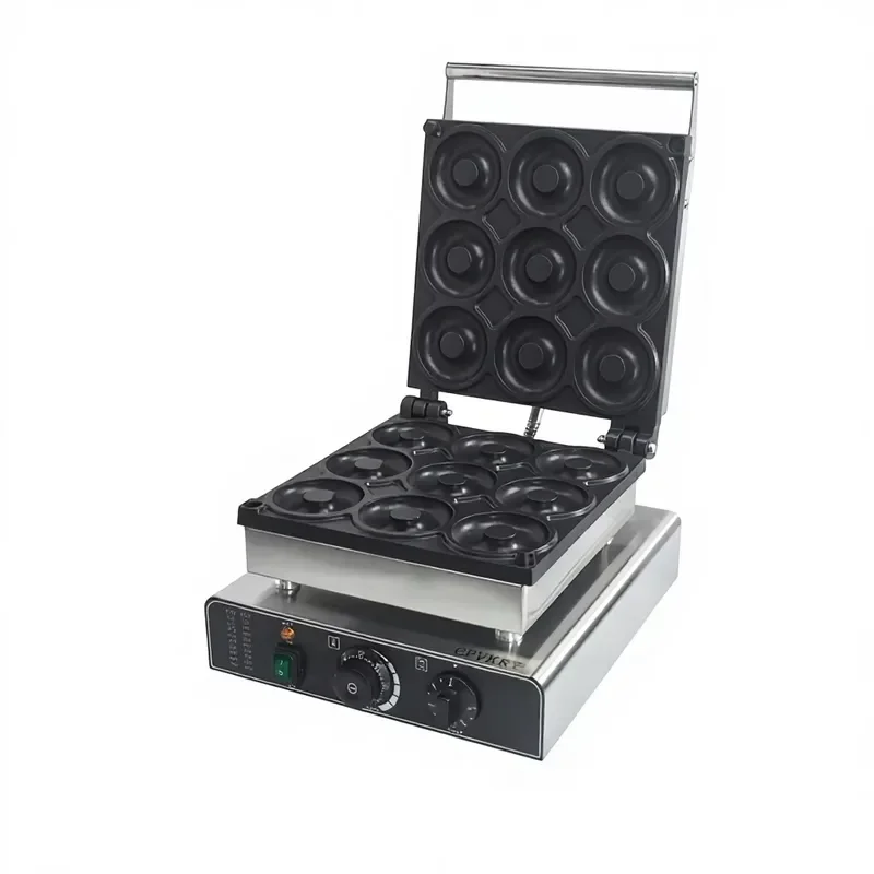 New Commercial 9-Hole Stainless Steel Doughnut Waffle Non-Stick Double-Sided Heating Temperature Control Timer 2000W