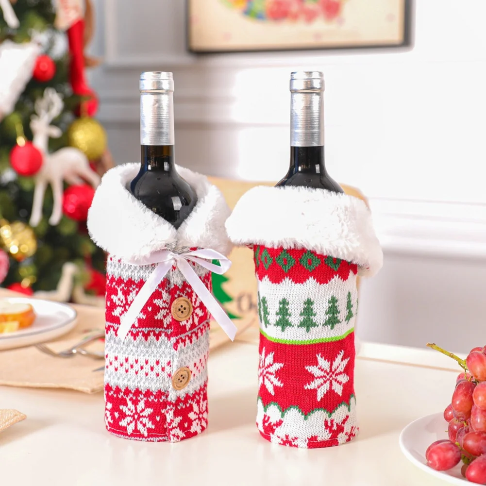 4pcs/set Knitting Wine Bottle Bags 13*23cm Reusable Material Packaging Pouch For Christmas Party Table Decorations