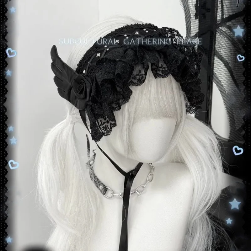 Nuovo originale Y2K nero gotico rivetto fascia ali gotiche scure copricapo Lolita cosplay pizzo sottocultura fascia