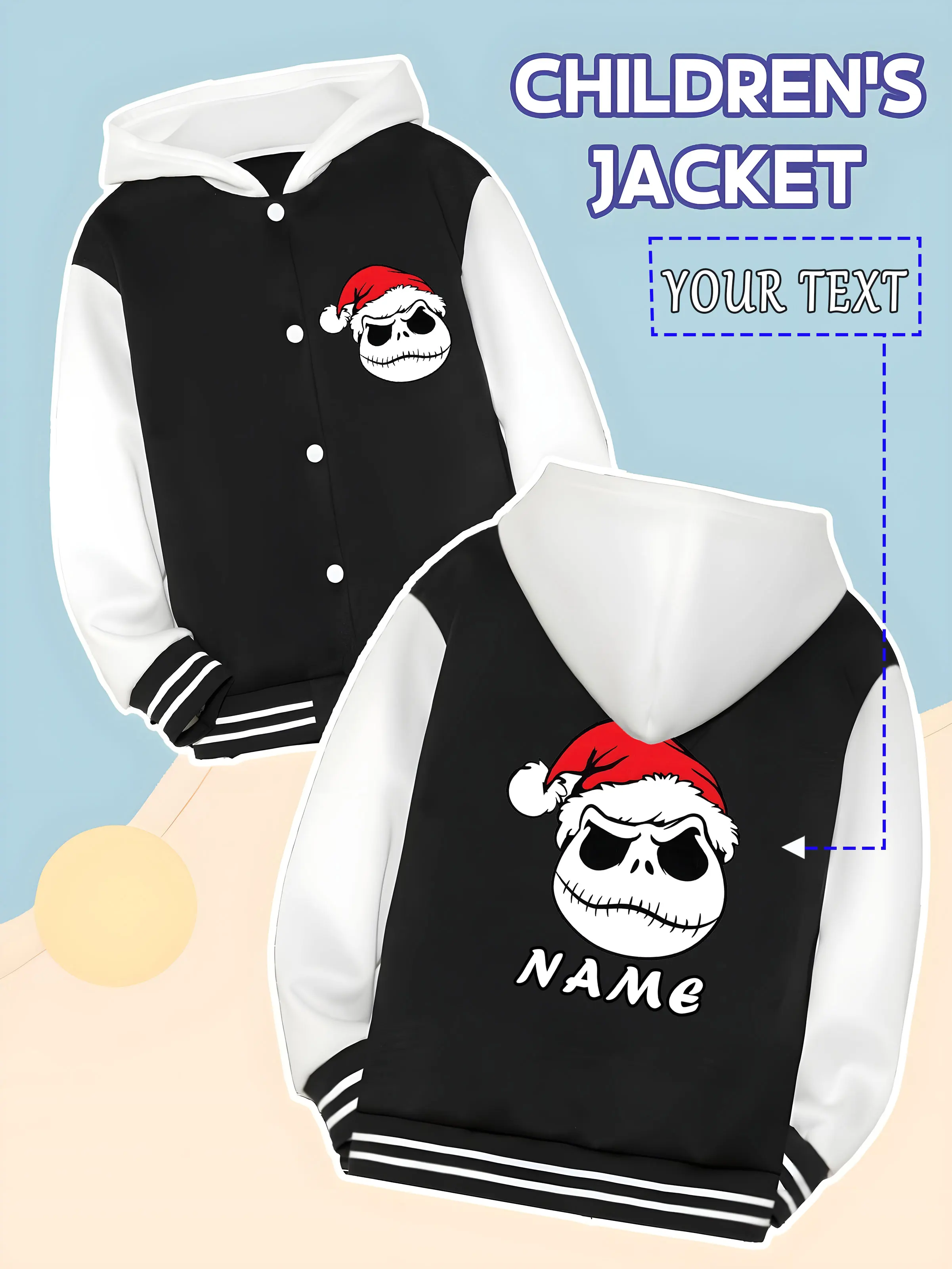 

MINISO Disney Nightmare Before Christmas themed children's baseball jacket - with a Santa hat and skull image, personalized and