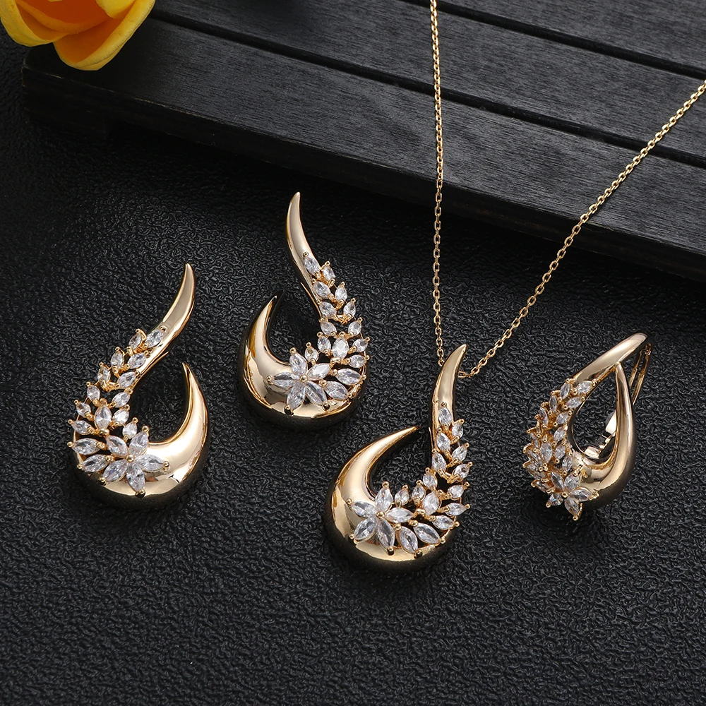 New Luxury Irregular three-dimensional Waterdrop Leaves Cubic ZirconEngagement Dubai Naija Bridal Finger Rings Necklace Earring