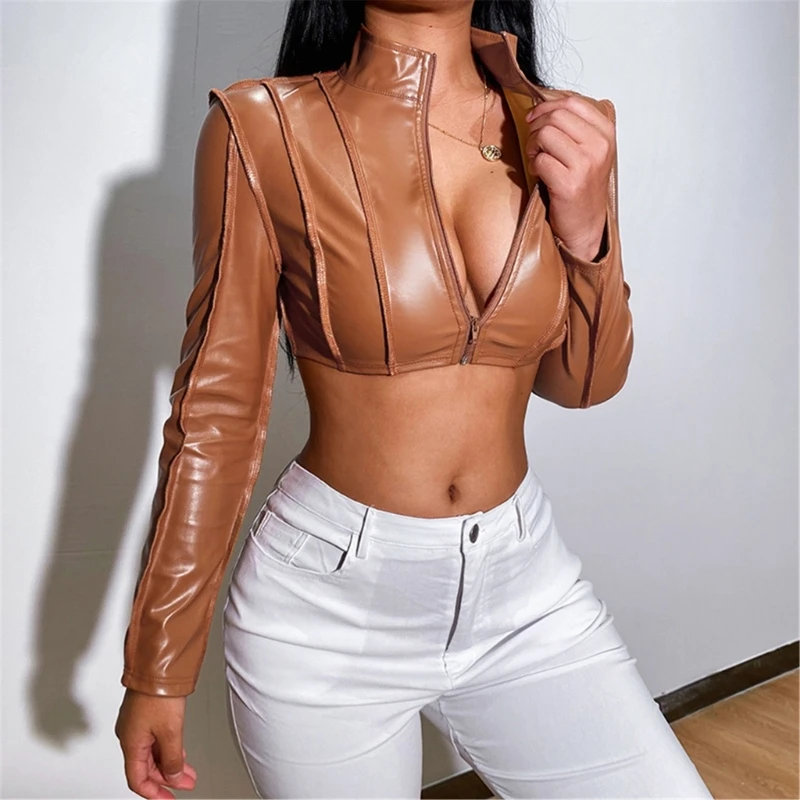 Sophisticated Women's Short Outerwear with Zippered Front Long Sleeve Crop Tops 066C