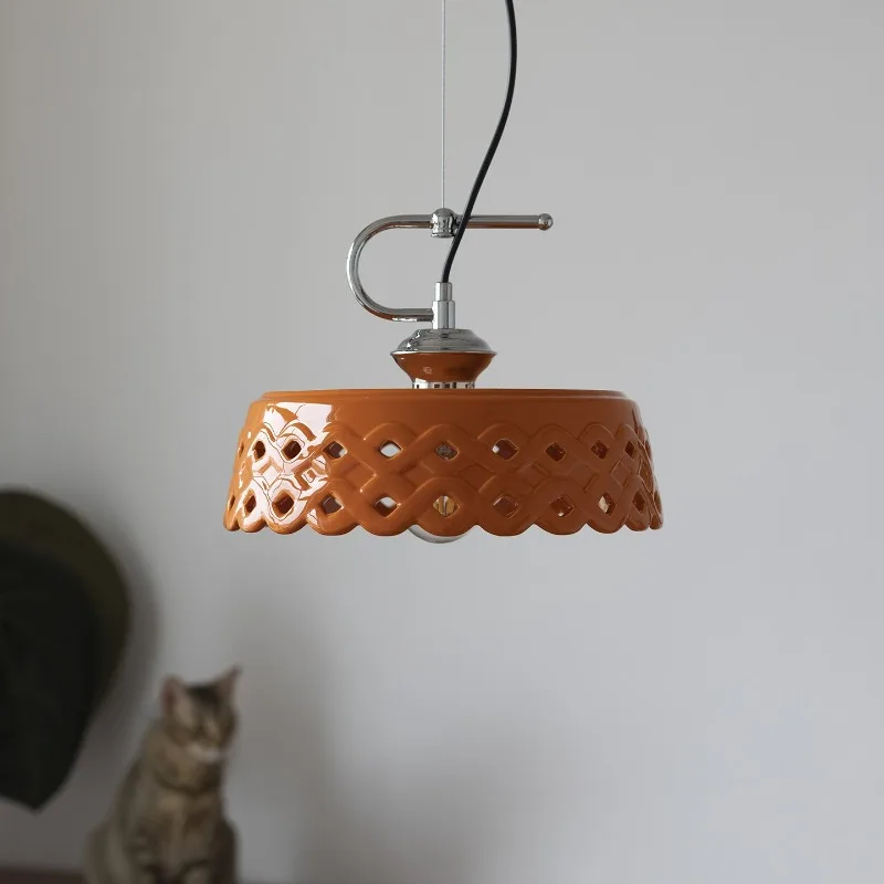 French Vintage Pendant Lights Orange Ceramic LED Hanging Lamps Bar Counter Bedroom Bedside Study Embellish Suspension Luminaire