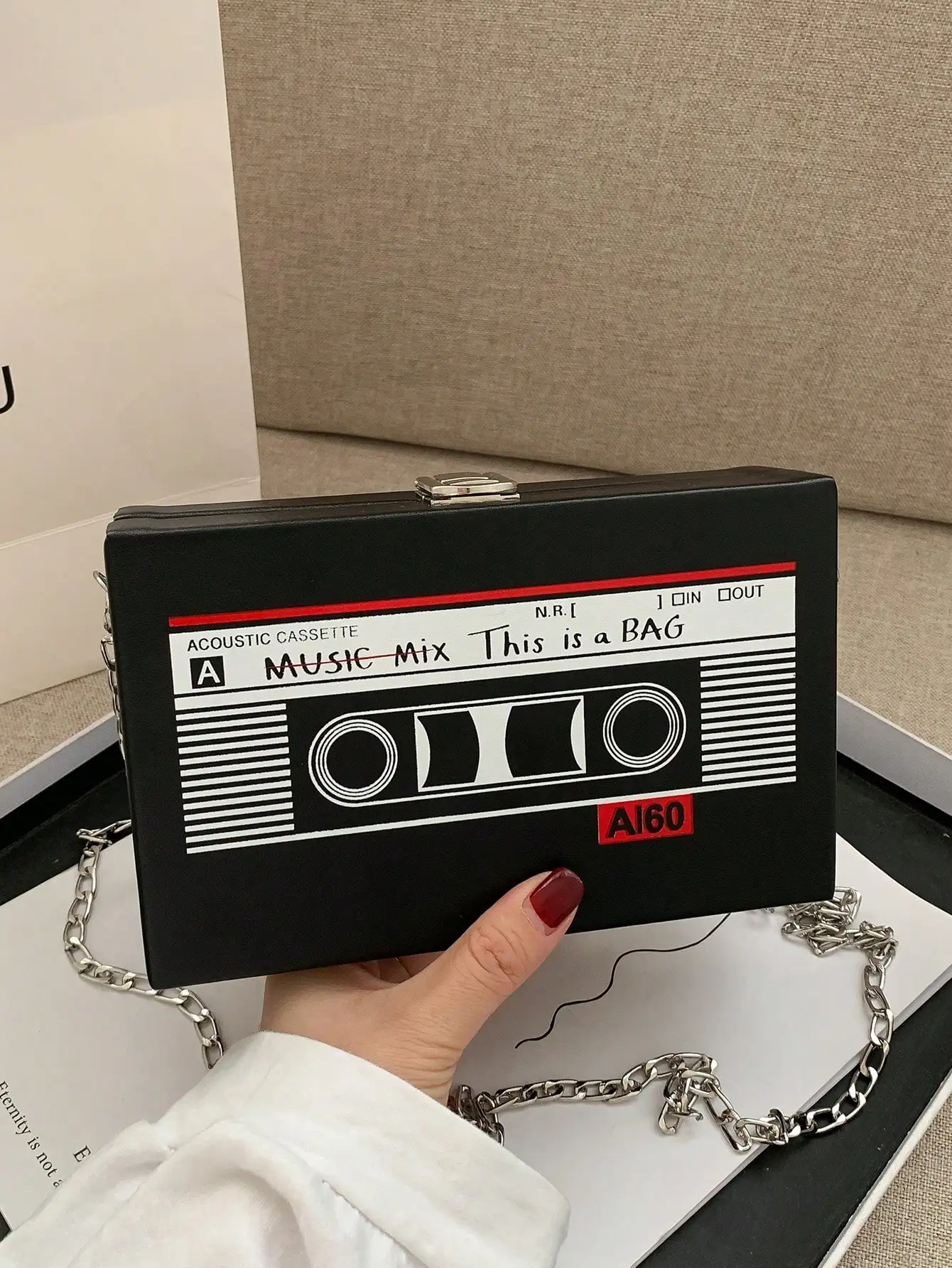 

Rectangular PU Crossbody Bag with Retro Cassette Tape Print and Chain Strap