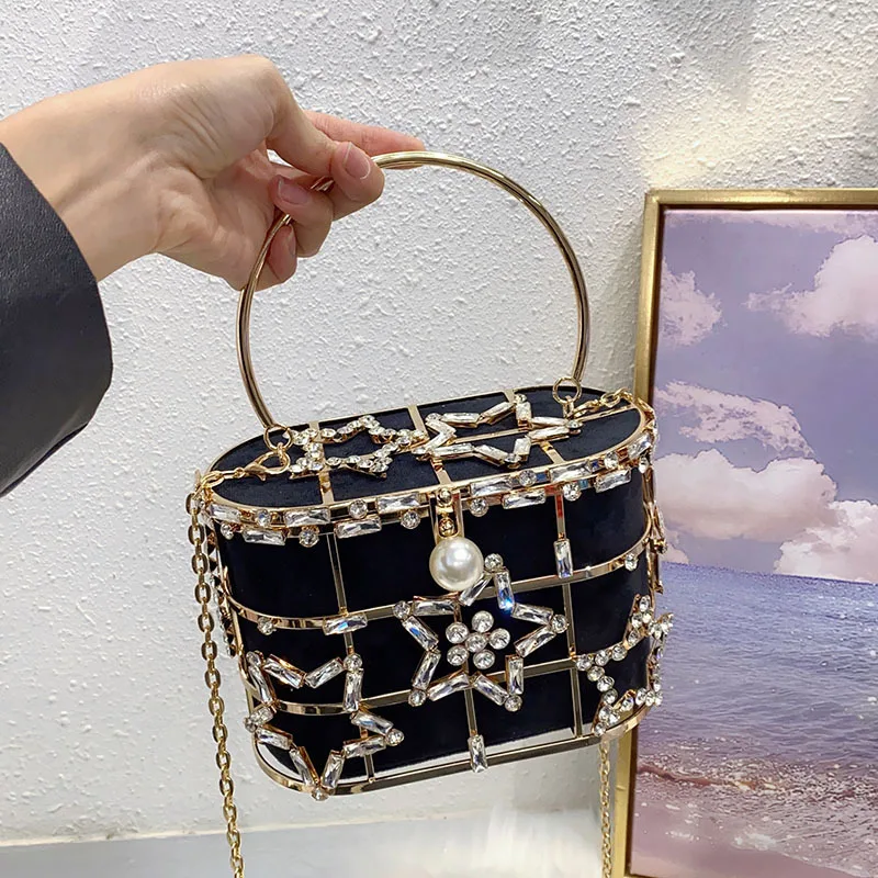 

Metal Birdcage Hollow Vegetable Basket Bag Shiny Not Efficient Rhinestones Crystal Stars Premium Portable Dinner Bag