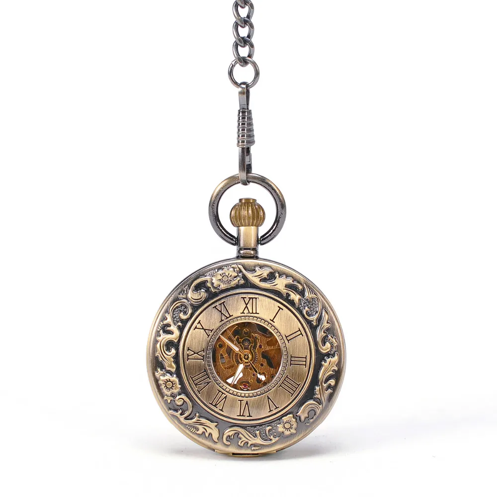 

Bronze Tone Hollow Case Double Roman Number Men's Automatic Mechanical Steampunk Pocket Watch Self Winding Fob Watches Gifts