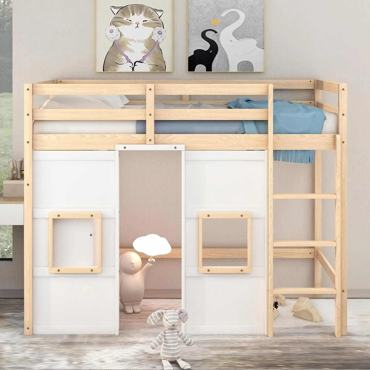 Twin Size Loft Bed with Wardrobe, Wood Playhouse Loft Bed Frame with Storage for Kids, High Loft Bed with Ladder and Guardrails