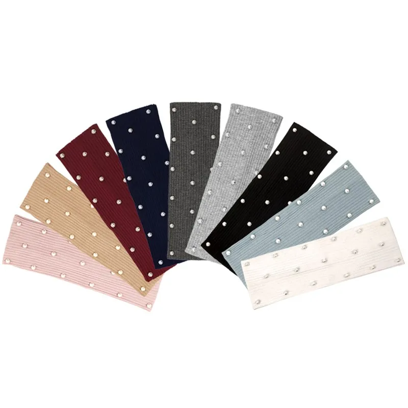 

New Women Pearls Headbands Head Wrap Ladies Soft Cotton Elastic Ribbed Headwear Hair Band For Gifts