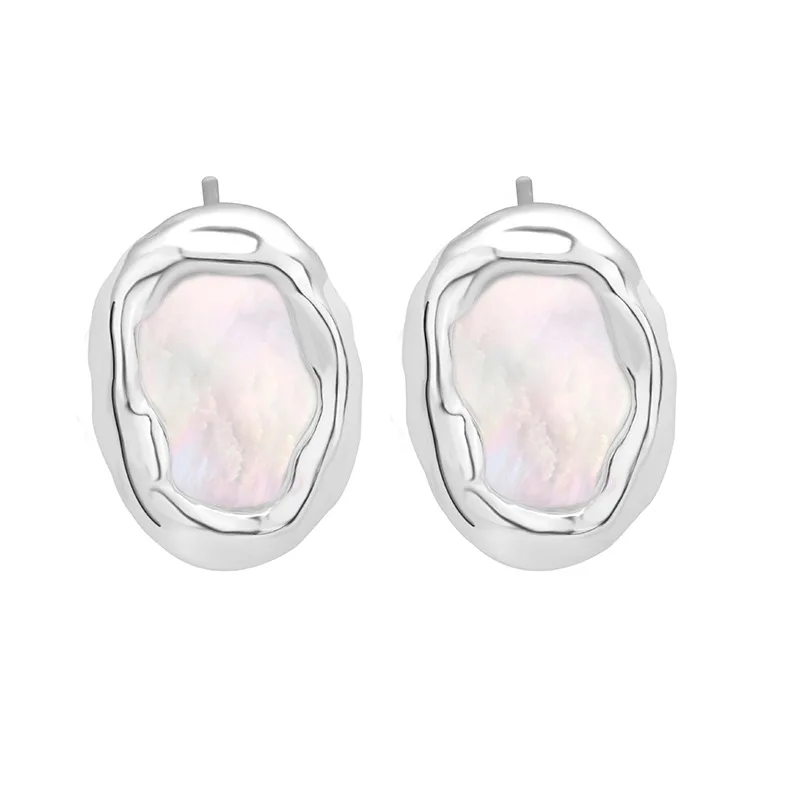 F.I.N.S Minimalist Style S925 Sterling Silver Shell Stud Earrings for Women Textured Irregular Pierced Ear Hypoallergenic Jewel