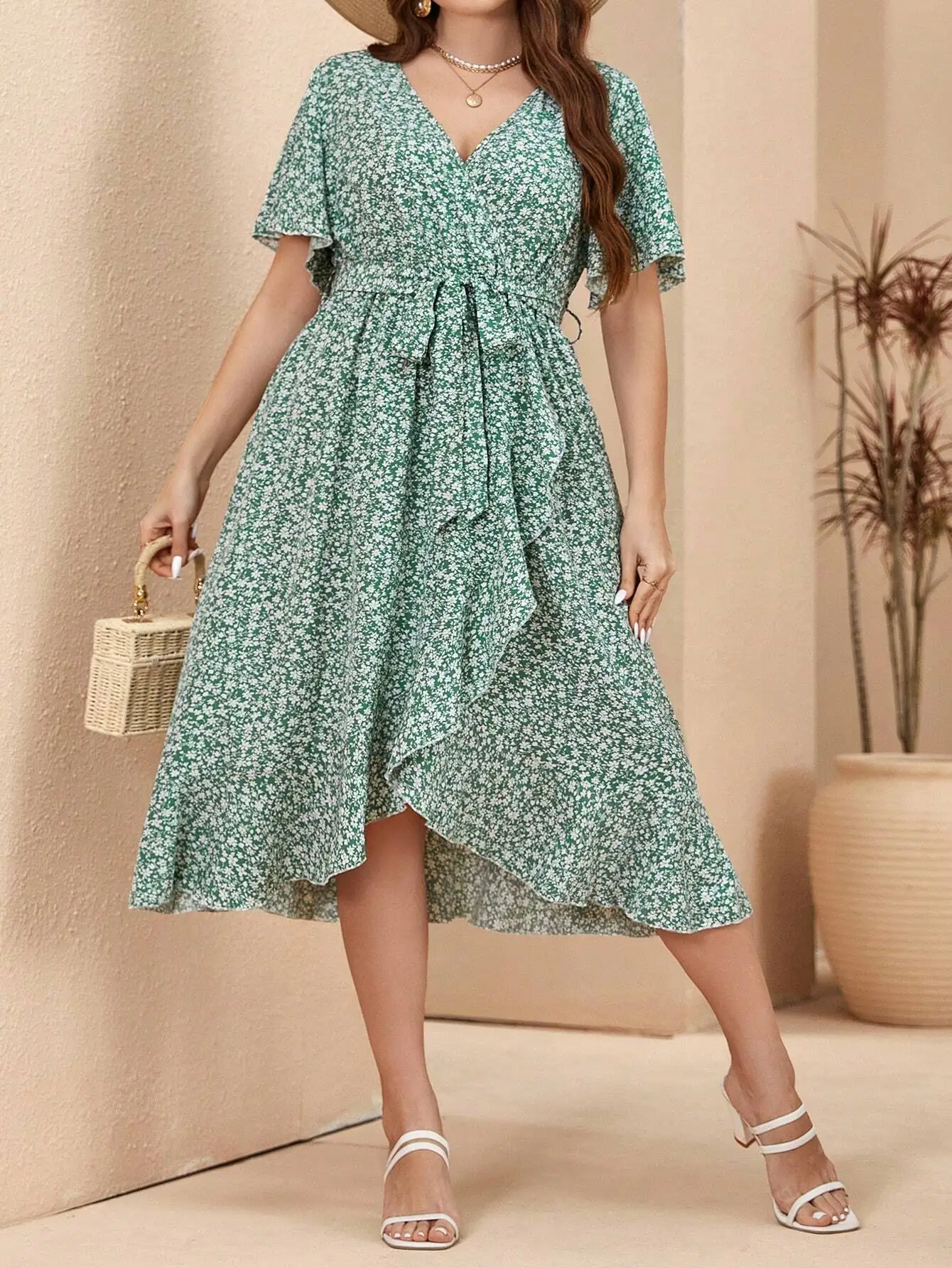 

Plus Size Ditsy Floral V-Neck Flounce Sleeve Midi Dress Summer Casual Bohemian