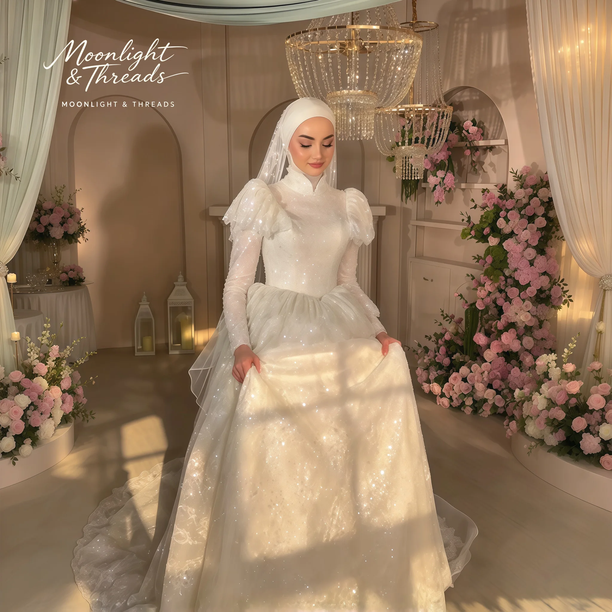 Muslim Hijab Wedding Dress Long Sleeve High Neck Puff Sleeve Shiny Glitter Sequin A-Line Princess Ball Gown Maxi Formal Train