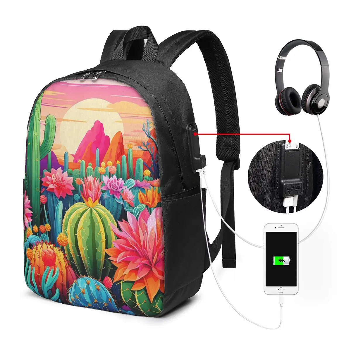 Cactus And Flower Desert Scenery Backpack Travel Notebook Bag Computer College Student School Bag Laptop Shoulder Bags Men Women