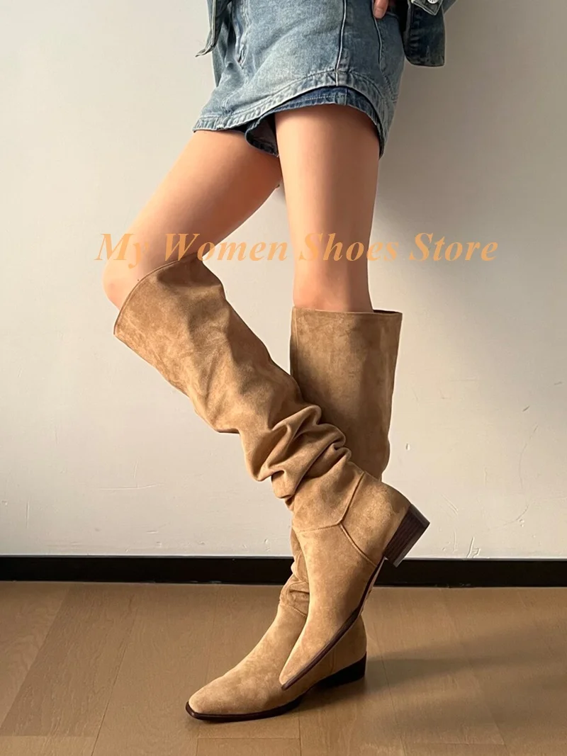 Slouchy Slip On Long Boots Over The Knee Low Block Heel Suede Brown Black Round Toe Western Women Runway Dress Shoes