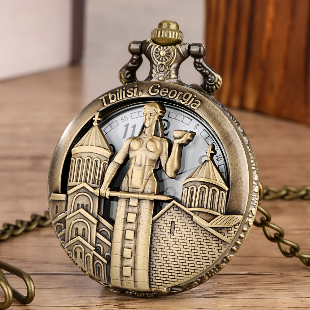 Tbilisi-reloj de bolsillo con cadena de bronce para hombre y mujer, pulsera de cuarzo con colgante de collar, reloj con esfera de exhibición de números árabes