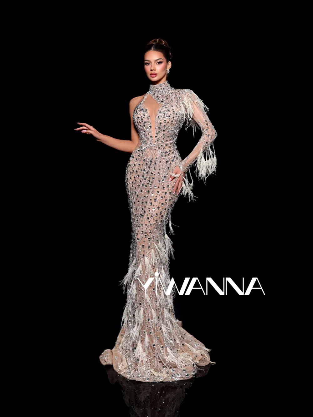 

Fully Embellished with Crystals Evening Dress One Shoulder Feathered Sleeve Wedding Party Gown Customized Gorgeous Prom Dresses