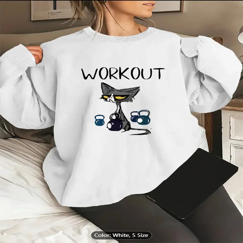 

Женская белая толстовка для тренировок с котом Гиря и графическим принтом, повседневный пуловер большого размера, топ для любителей фитнес-стиля, чистый хлопок