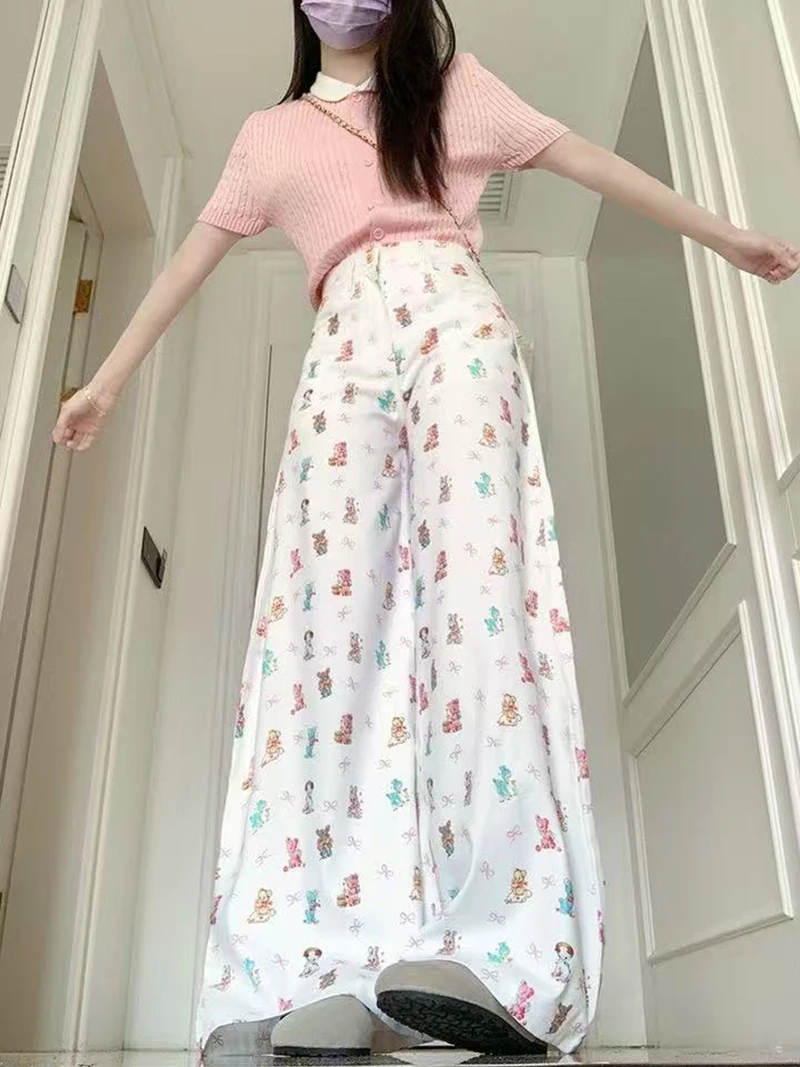 

Women's White Cartoon Bow Printed Jeans Design High Waist 2000 Y2k Fashion Korean Lazy Style Loose Wide-Leg Pants Straight Jeans