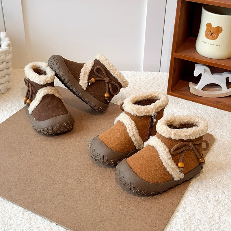 

Girls Winter Boots 2025 New Patchwork Furry Children's Ankle Boots Round-toe Warm Soft Kids Fashion Bowknot Causal Cotton Boots