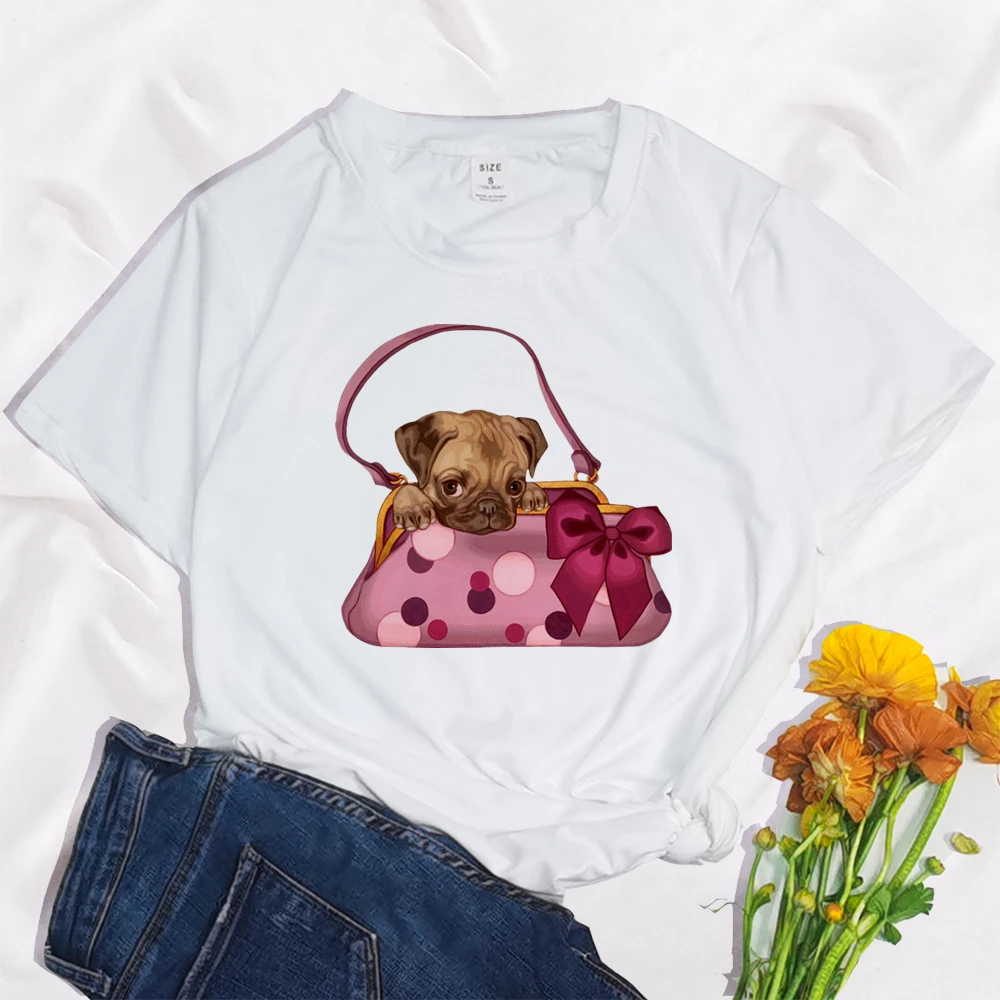 Pet Dog Fashion Pedras Aplicad Print Harajuku Top Women T-shirt Casual ladies basic O-collar Short Sleeved White T-shirt Girl