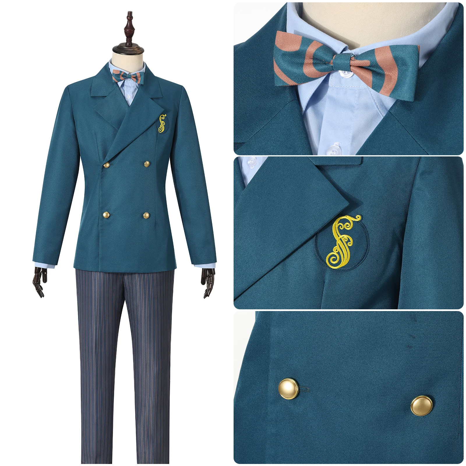 Musical Fiyero Cosplay Costume Mens Military Officer Uniform Suit Theme Party Musical Blue Coat with Tie Halloween Clothes