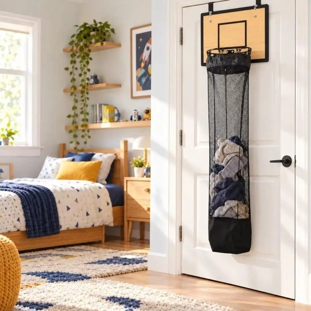 Basketball Style Laundry Basket Over Door Easy Assemble Clothing Hamper Bag Quick Setups Space Saving Laundry Hamper