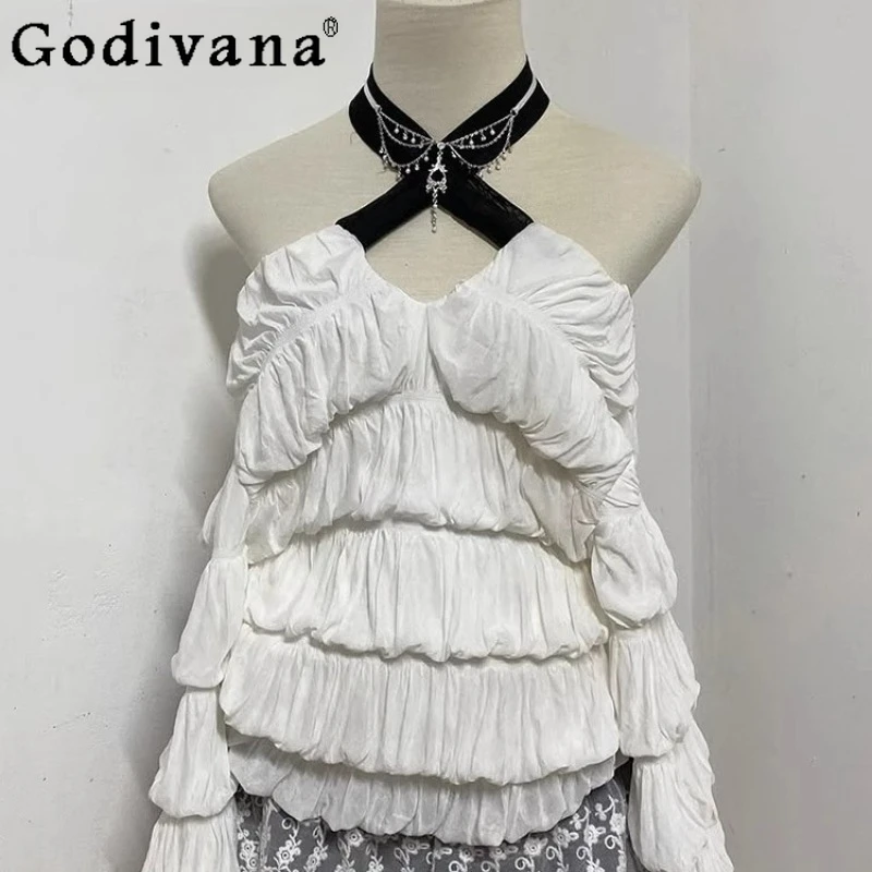 오리지널 하이엔드 패션 다용도 셔츠 여성용 화이트 긴팔 Y2K 블라우스 핫걸 여름 유니크 고급 홀터탑