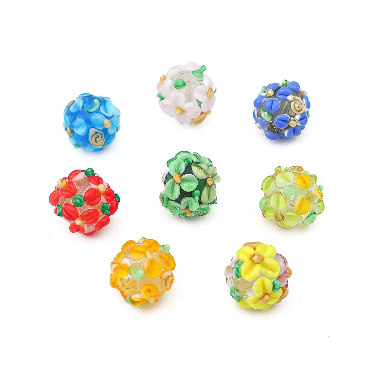 2pcs 12mm Round Charms Flower Beads Petals Handmade Lampwork Glass Loose Beads for Jewelry Making DIY Crafts Findings Accessory