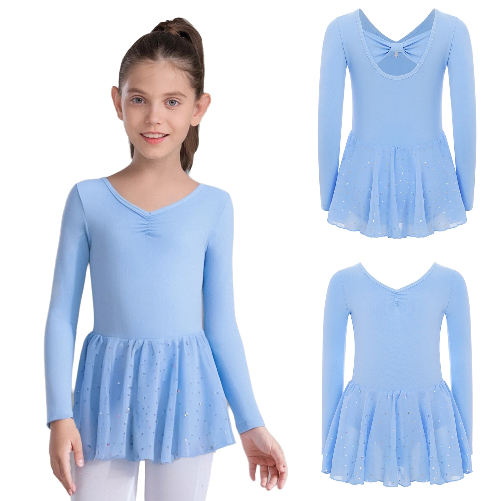 Crianças meninas vestidos de dança de balé frente ruched manga longa volta bowknot lantejoulas vestido para ginástica aquecimento prática desempenho