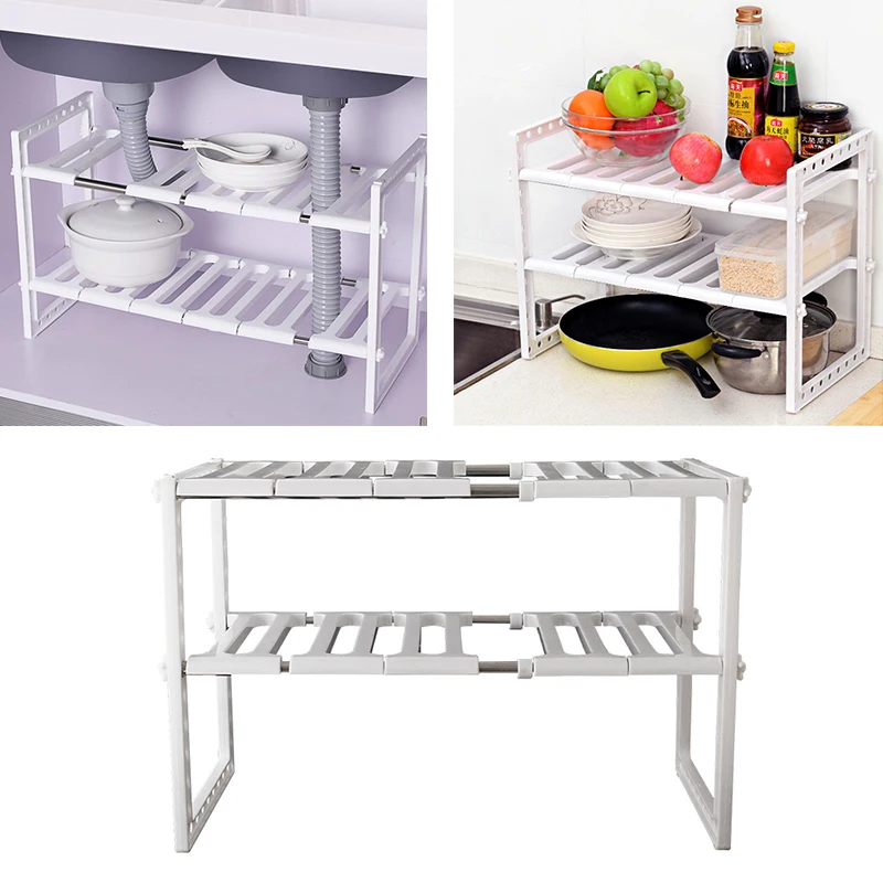 Retractable Kitchen Shelf Organiser Floor Type Adjustable Extendable Double Layer Dishes Storage Rack Under Sink Multifunction S