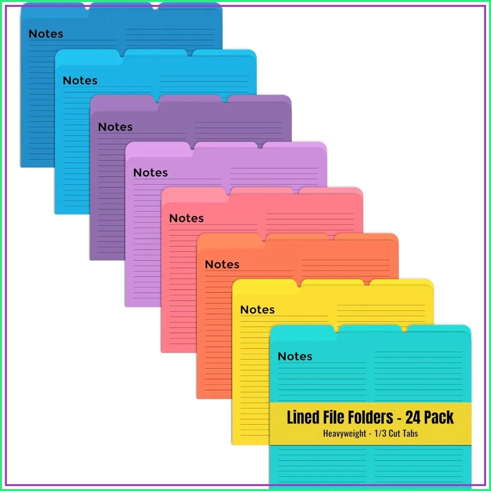 

24 Pack Lined File Folders, 1/3 Cut Tabs, 8 Vibrant Colors, Letter Size 9.5"x11.5", Left/Center/Right Set Per Color