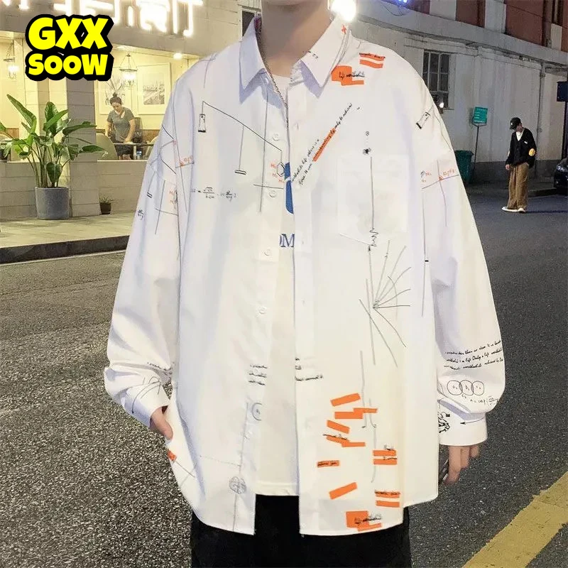 

Fashion Long Sleeve Shirts Men Graffiti Printed Casual Dress Shirts Korean Fashion Male Clothing White Black