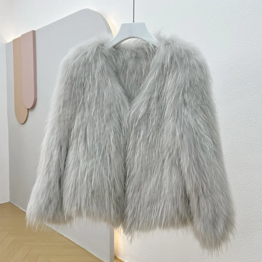 2022 Super Hot Autumn Winter Warm Natural Real Raccon Fur Knitted Women Coat Double Weave Luxury Fur Jacket Fashion Female Vest