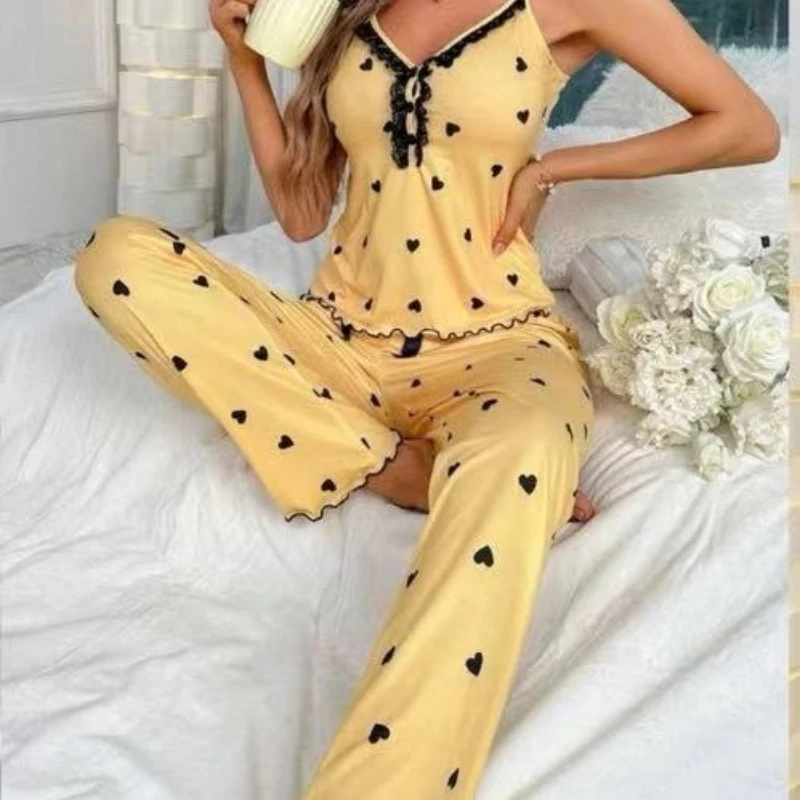 

European and American New Comfortable Hot-selling Love Printing Set Pajamas Trousers Women's Loungewear Sexy Pajamas