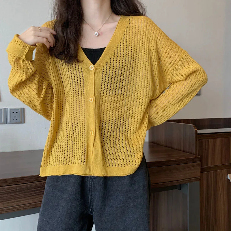 Women Clothing Fashion V-neck Hollow Out Long Sleeve Shirts Summer Casual Loose All-match Solid Blouses Thin Knit Sunscreen tops