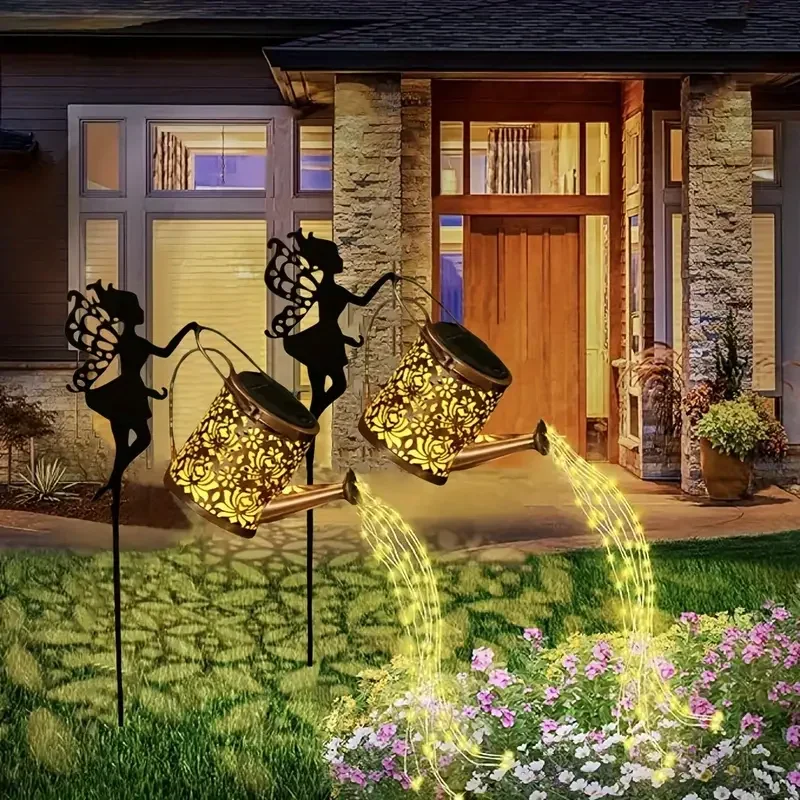 Solar Powered Watering Fairy Lights Vintage Metal Hanging Kettle Lantern Outdoor Garden Decor for Yard Patio Villa Decoration