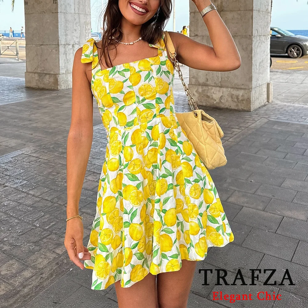 TRAFZA Vintage Print Lemon Yellow Bow Tie Mini Women Dress Fashion 2024 Summer OOTD Zipper Cami Dress Prairie Chic Beach Dress