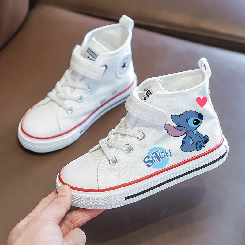 Stitch Children High Top Canvas Shoes Cartoon Stitch Kids Canvas Tennis Shoes Girls Boys White Casual Sneakers Size 25-36