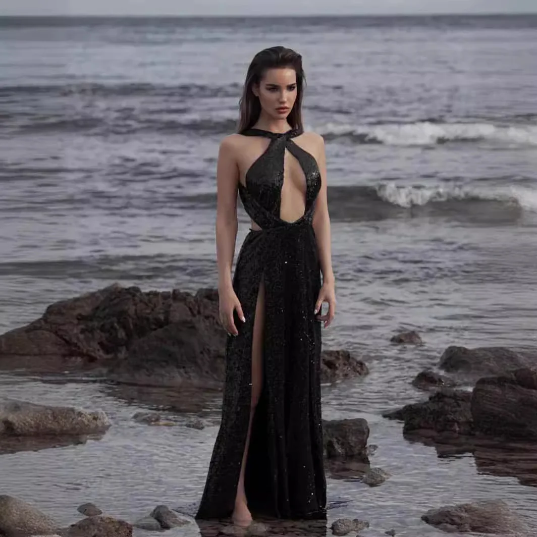 

Новое высококачественное черное очаровательное длинное платье с блестками и разрезом на спине, вечернее платье, вечерние тосты