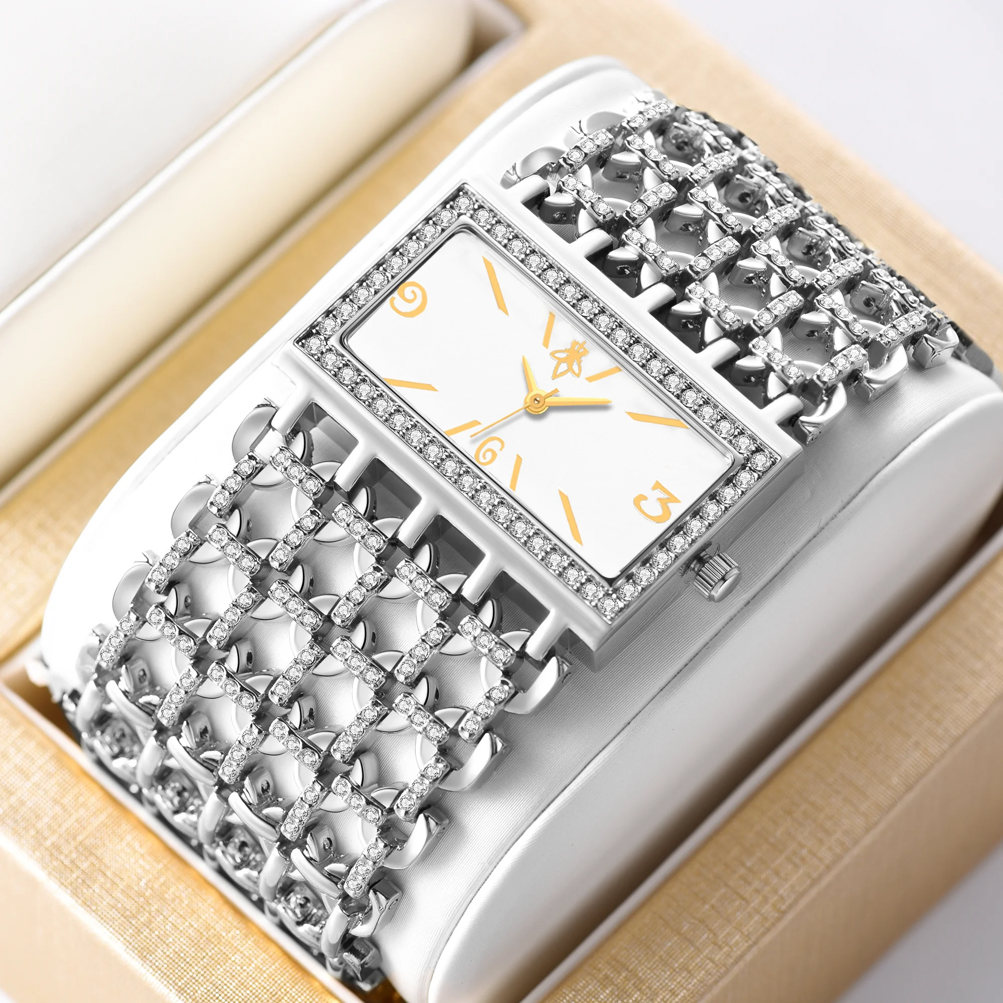 YaLaLuSi Luxury Ladies Classic Crystal Diamond Bracelet Watch Brand Hot Model Waterproof Mineral Glass Silver Case White Face