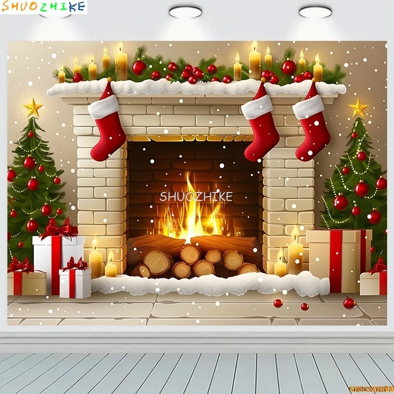 

New Year Christmas Day Festival Photography Backdrop Fireplace Living Room Gift Holiday Flowers Hall Wedding Background RS-28