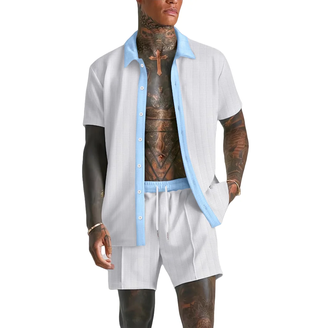 Men's Summer Casual Beach Set Fashionable Comfortable Jacquard Lapel Color-Matching Sleeveless Shirt And Shorts Two-Piece Ensemb