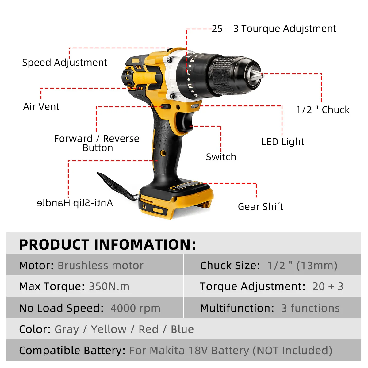 Drillpro 20+3 Torque 13mm Brushless Electric Hammer Drill Cordless Impact Electric Screwdriver Power Tool for 18V Battery