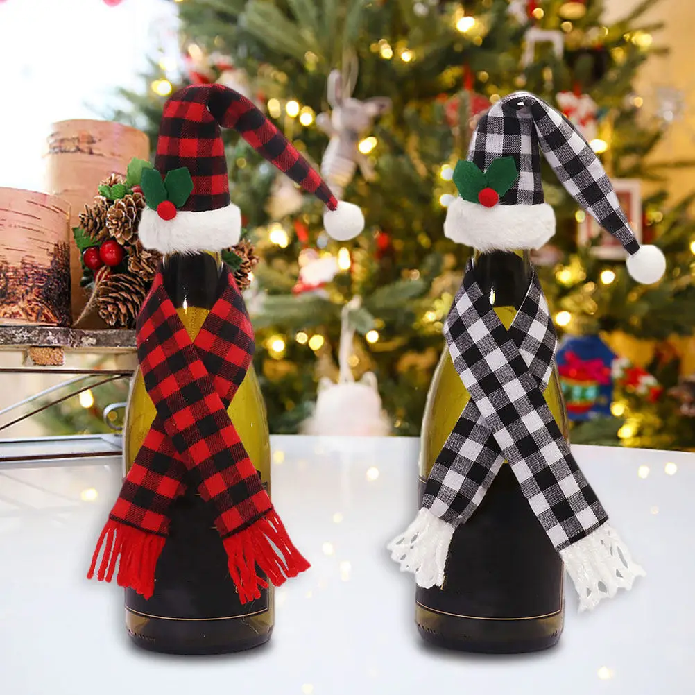 2Sets Christmas Wine Bottle Cover Hat and Scarf Decor Knitted Xmas Bottle Decor for Red Wine Holiday Table Festive Atmosphere