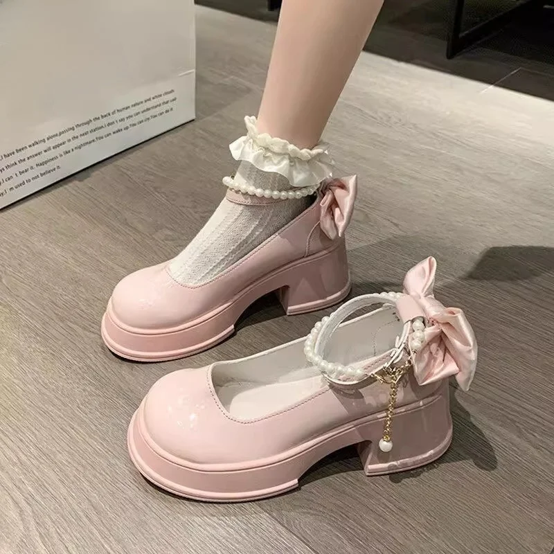 

Mary Janes Women's Shoes 2026 New Summer Versatile High Heel Thick Heel Single Shoes Knot Casual Fashion Footwear
